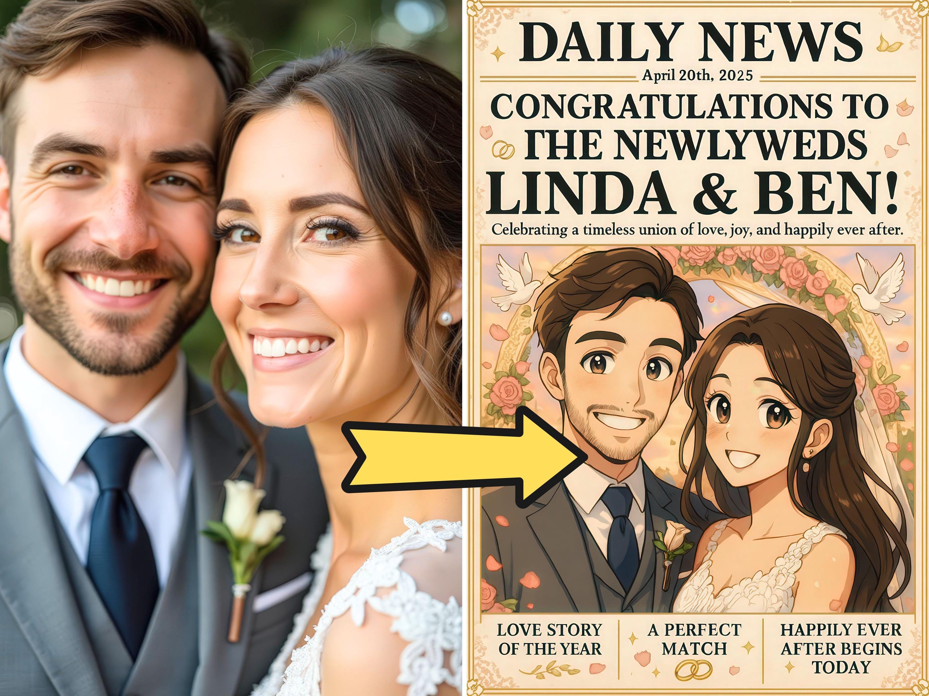 Custom Anime-Style Wedding Newspaper Cover