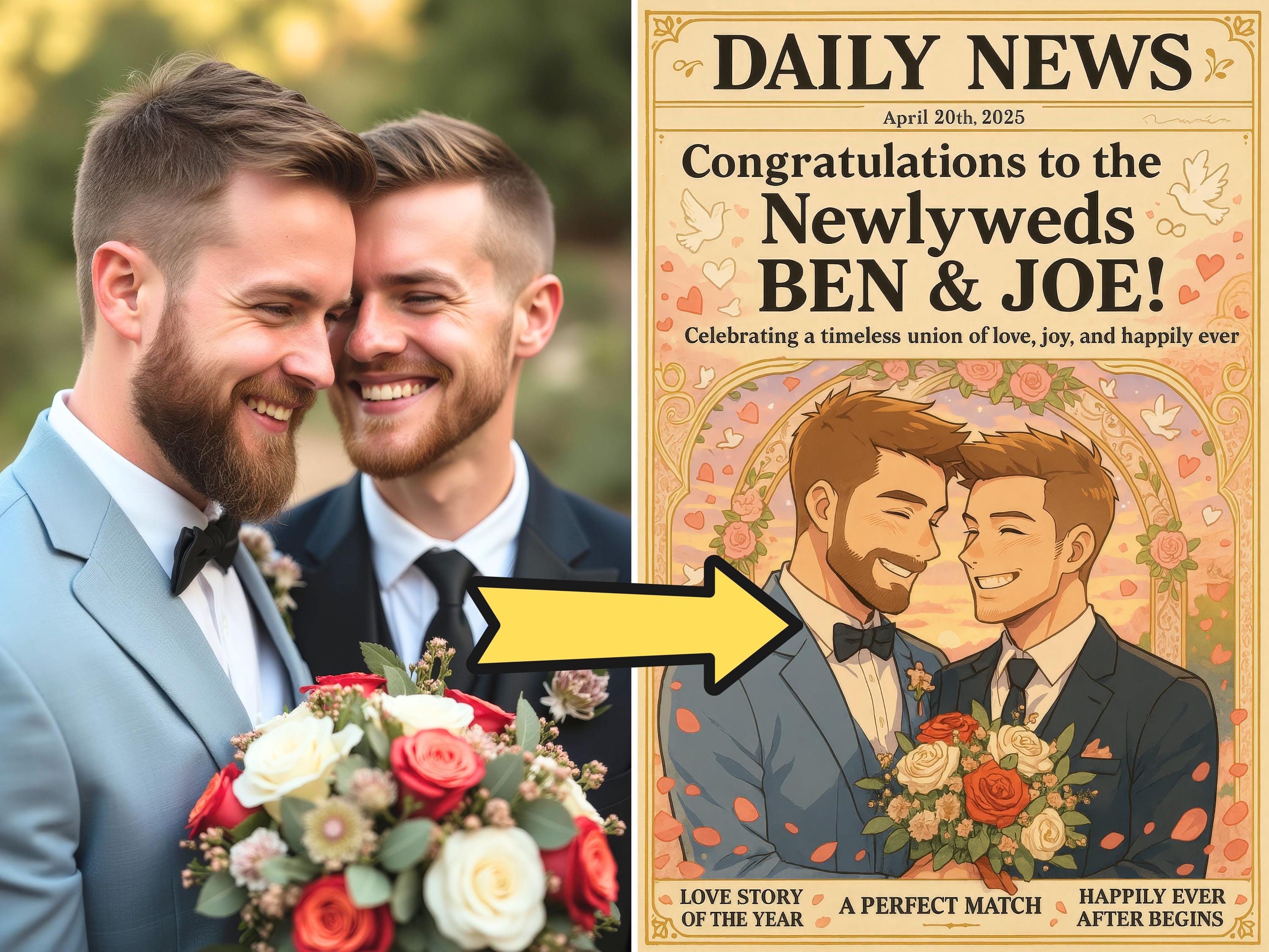 Custom Anime-Style Wedding Newspaper Cover