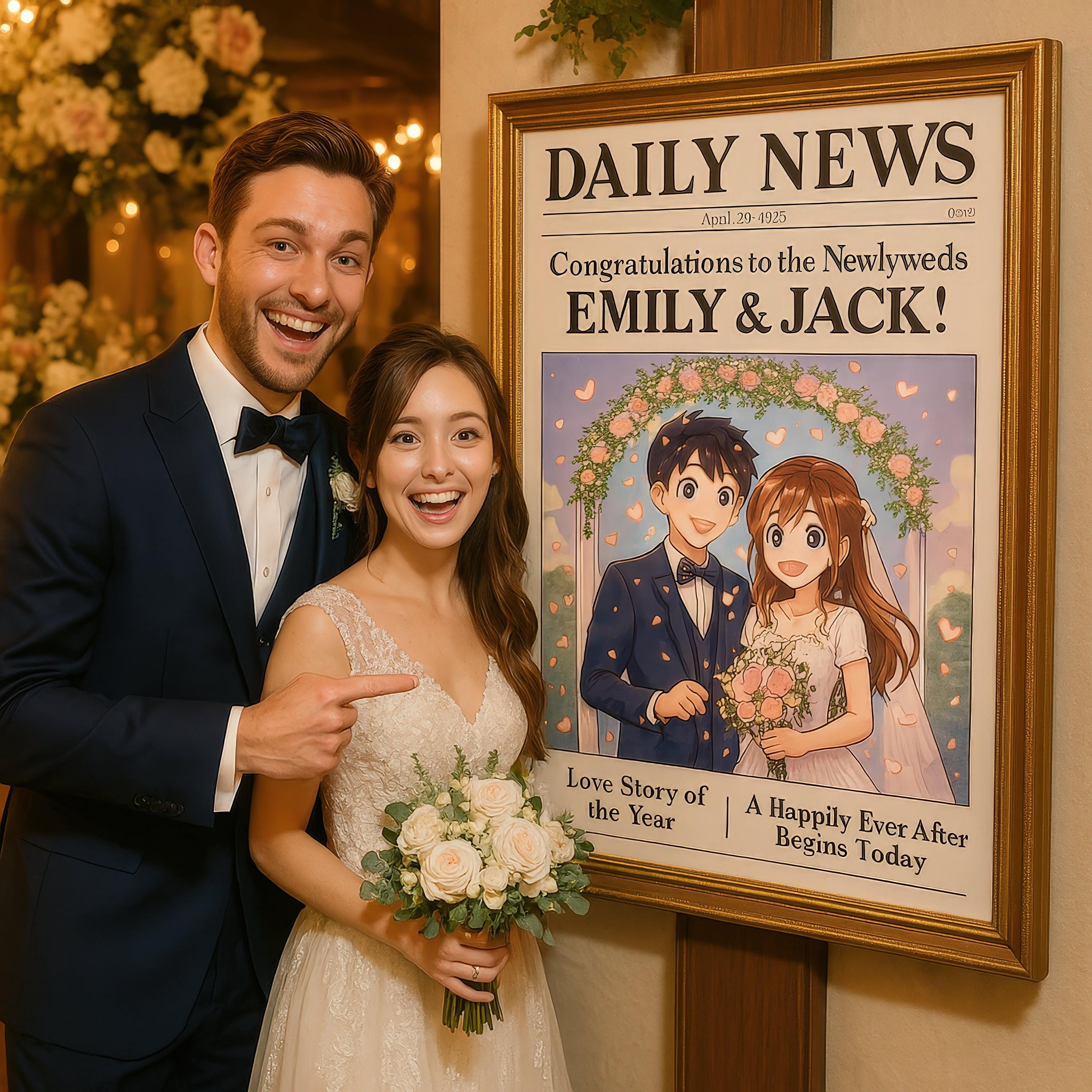 Custom Anime-Style Wedding Newspaper Cover