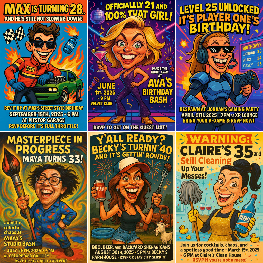 Personalized Caricature Birthday Invitation Illustration