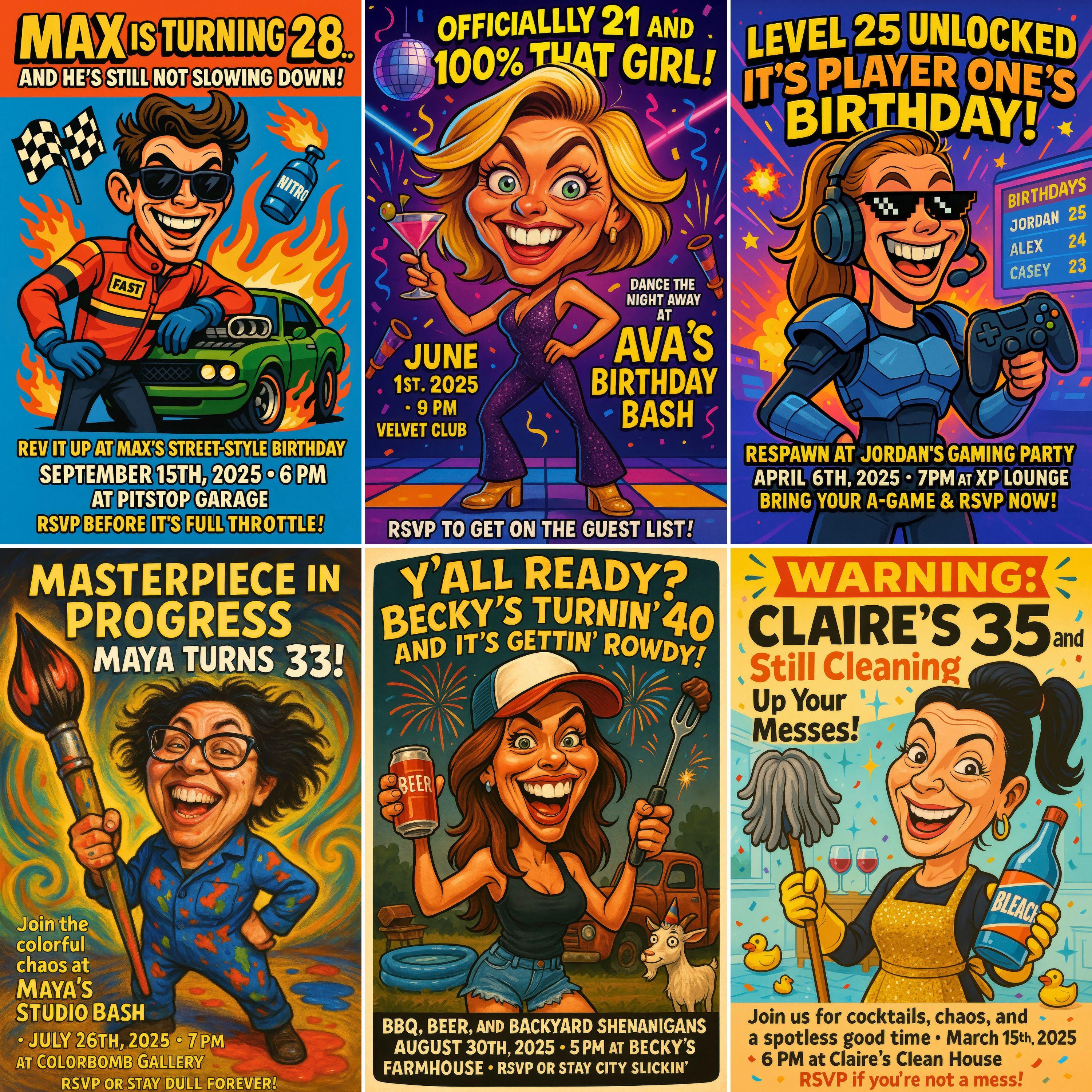 Personalized Caricature Birthday Invitation Illustration